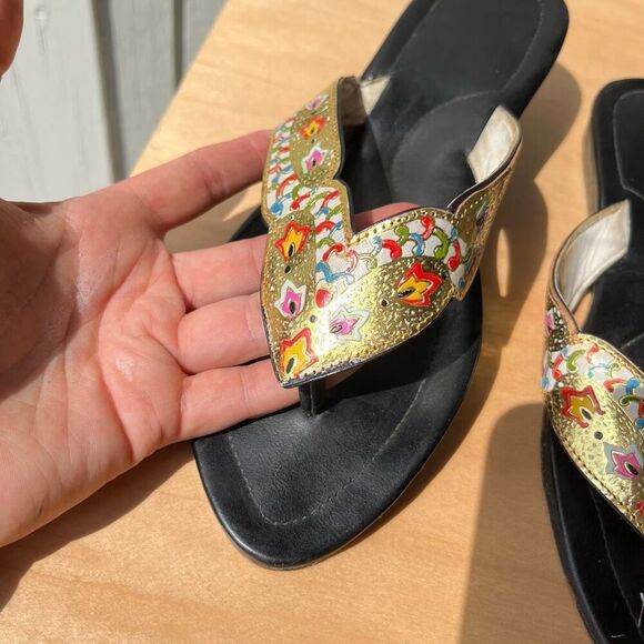 Vintage Indian Leather Sandals – Hand-Painted Gold Enamel – Size 7 - Picture 3 of 12